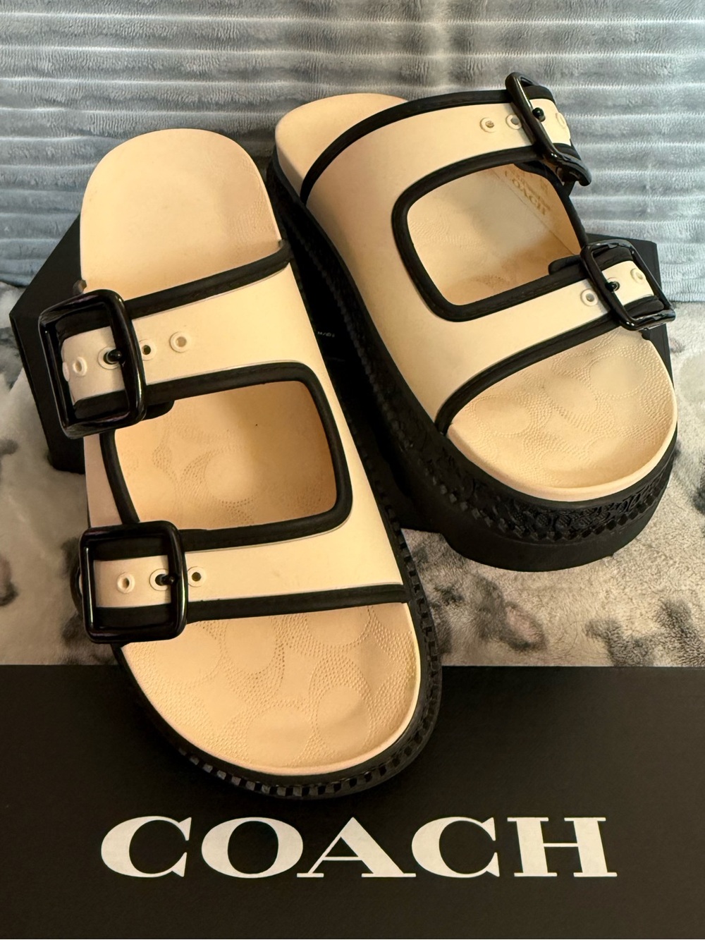 Coach Cream and Black Platform Slide Sandals